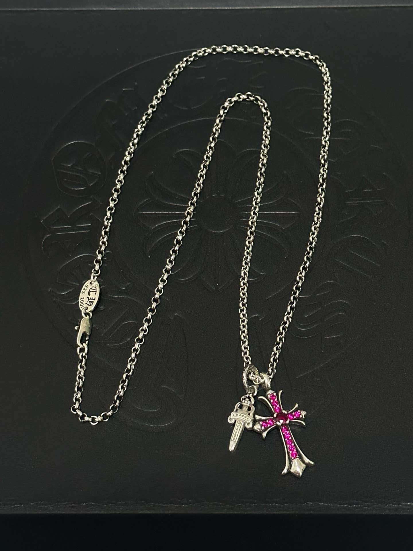 Chrome Hearts Silver Cross Pendant with Pink Stones